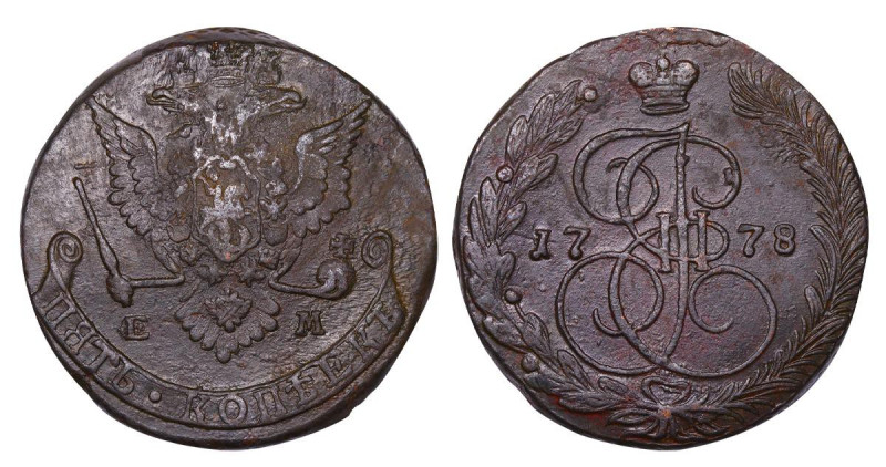 Russian Empire, Empress Catherine II (1762-1796), 5 kopecks, 1778 year, Copper, ...