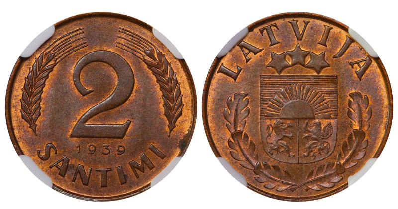 Latvia, President Karlis Ulmanis (1936-1940), 2 santimi, 1939 year, Bronze, 2 gr...