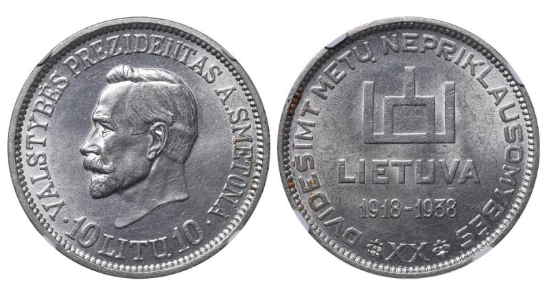 Antanas Smetona (1926-1940), 10 litu, 1938 year, Silver, 18 gr, KM#84, 20th anni...