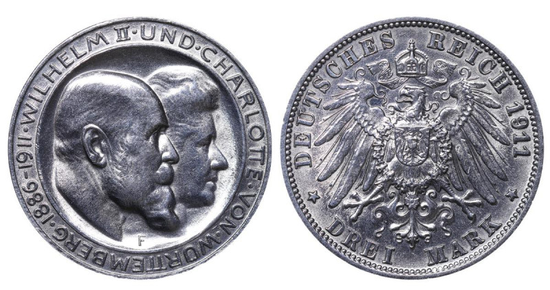 Kingdom of Wurttemberg (German States), King William II (1891-1918), 3 marks, 19...