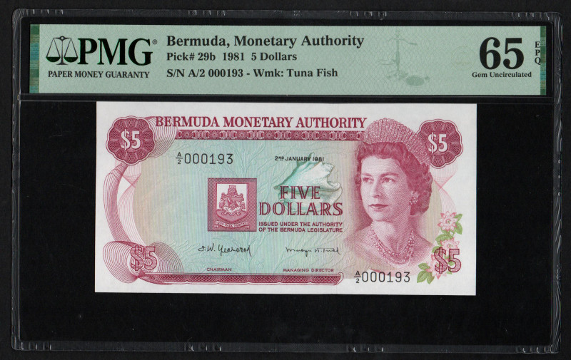 Bermuda, Monetary Authority Pick# 29b 1981 5 Dollars S/N A/2 000193 - Wmk: Tuna ...