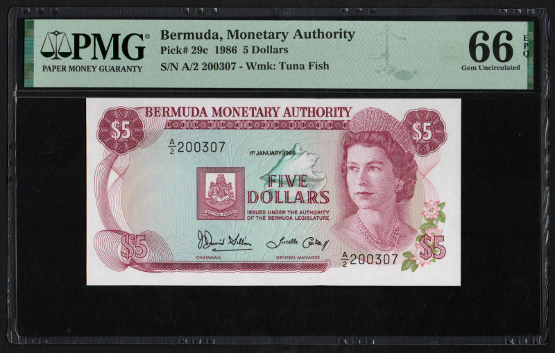 Bermuda, Monetary Authority Pick# 29c 1986 5 Dollars S/N A/2 200307 - Wmk: Tuna ...