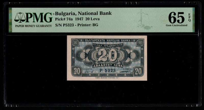 Bulgaria, National Bank Pick# 74a 1947 20 Leva S/N P5323 - Printer: BG 65 Gem Un...