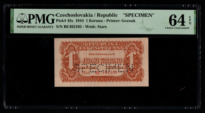 Czechoslovakia / Republic "SPECIMEN" Pick# 45s 1944 1 Koruna - Printer: Goznak S...