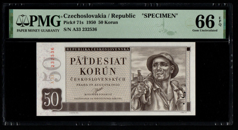 Czechoslovakia / Republic "SPECIMEN" Pick# 71s 1950 50 Korun S/N A33 232536 66 G...