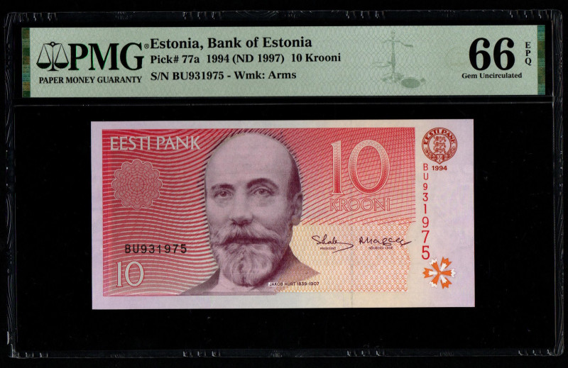 Estonia, Bank of Estonia S/N BU931975 - Wmk: Arms Pick# 77a 1994 (ND 1997) 10 Kr...