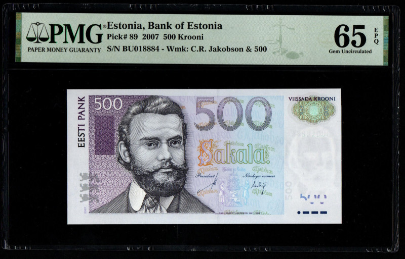 Estonia, Bank of Estonia Pick# 89 2007 500 Krooni S/N BU018884 - Wmk: C.R. Jakob...