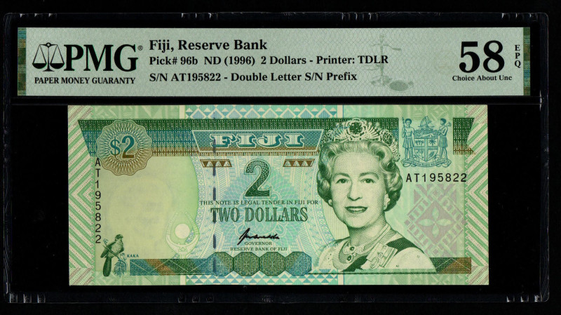 Fiji, Reserve Bank Pick# 96b ND (1996) 2 Dollars - Printer: TDLR S/N AT195822 - ...