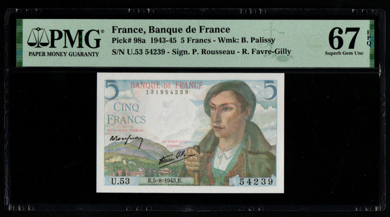 France, Banque de France Pick# 98a 1943-45 5 Francs - Wmk: B. Palissy S/N U.53 5...