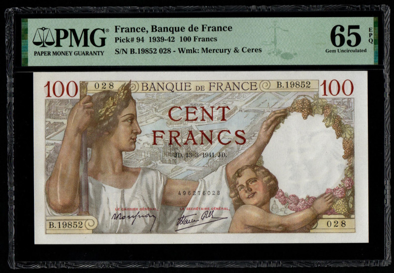 France, Banque de France Pick# 94 1939-42 100 Francs S/N B.19852 028 - Wmk: Merc...