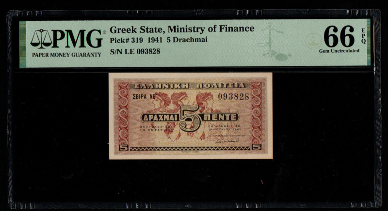 Greek State, Ministry of Finance Pick# 319 1941 5 Drachmai S/N LE 093828 66 Gem ...