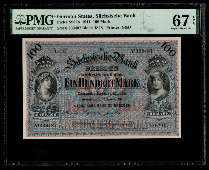 German States, Sächsische Bank Pick# S952b 1911 100 Mark S/N 8 369487 Block 1848...