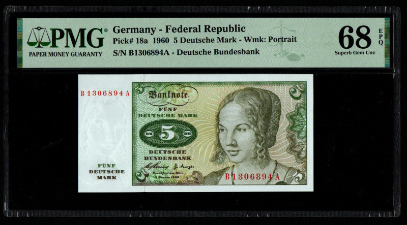 Germany - Federal Republic
Pick# 18a 1960 5 Deutsche Mark - Wmk: Portrait
S/N B1...