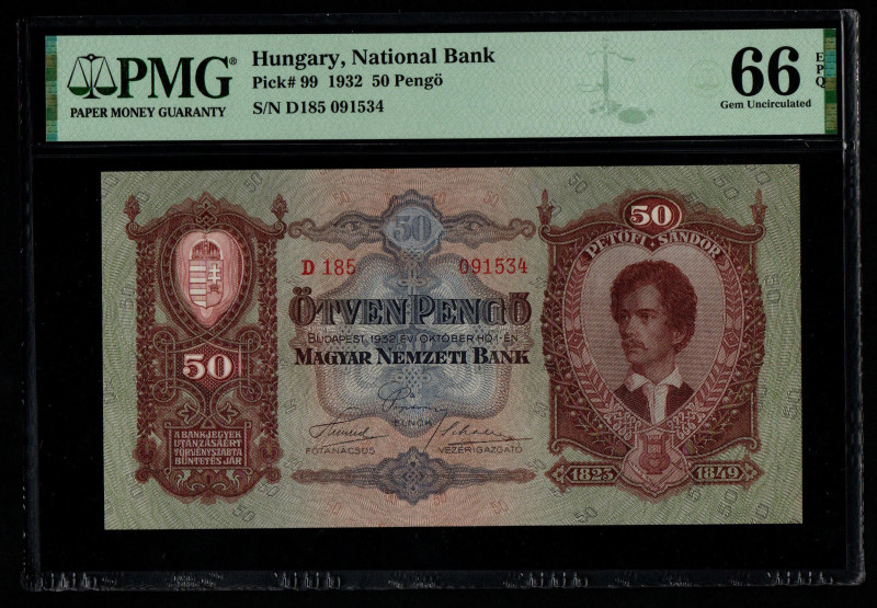 Hungary, National Bank Pick# 99 1932 50 Pengö
S/N D185 091534 66 Gem Uncirculate...