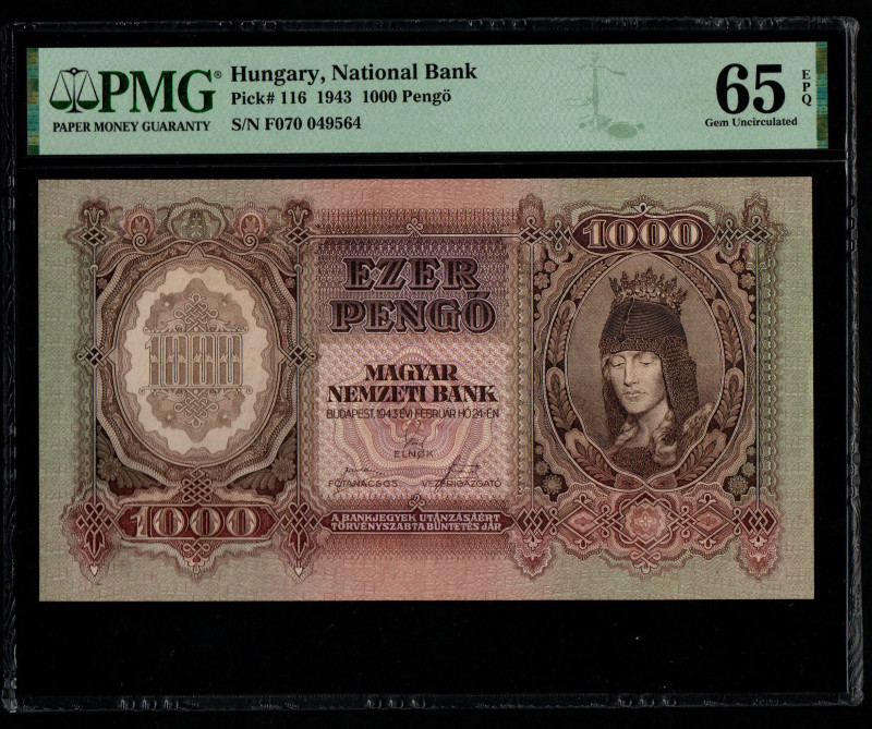 Hungary, National Bank Pick# 116 1943 1000 Pengö S/N F070 049564 65 Gem Uncircul...