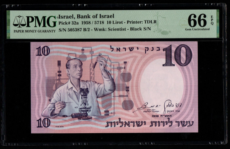 Israel, Bank of Israel
Pick# 32a 1958 / 5718 10 Lirot - Printer: S/N 505387 B/2 ...