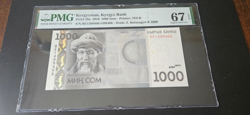 Kyrgyzstan, Kyrgyz Bank
Pick# 29a 2010 1000 Som - Printer: TDLR
S/N BE1599406/14...