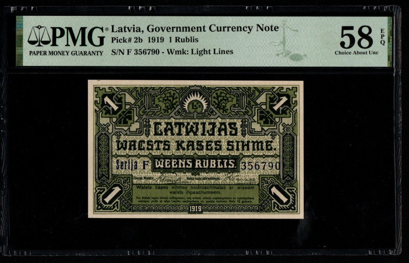 Latvia, Government Currency Note Pick# 2b 1919 1 Rublis S/N F 356790 - Wmk: Ligh...