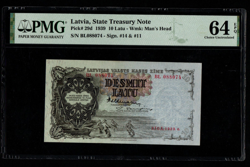 Latvia, State Treasury Note Pick# 29d 1939 10 Latu - Wmk: Man's Head S/N BL08807...