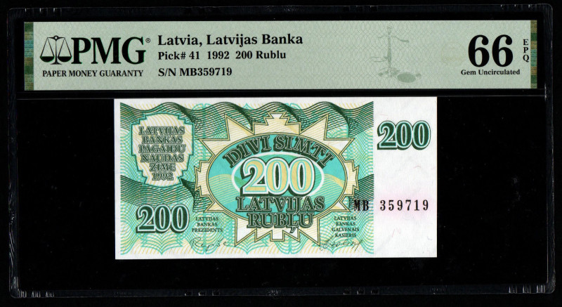 Latvia, Latvijas Banka Pick# 41 1992 200 Rublu
S/N MB359719 66 Gem Uncirculated