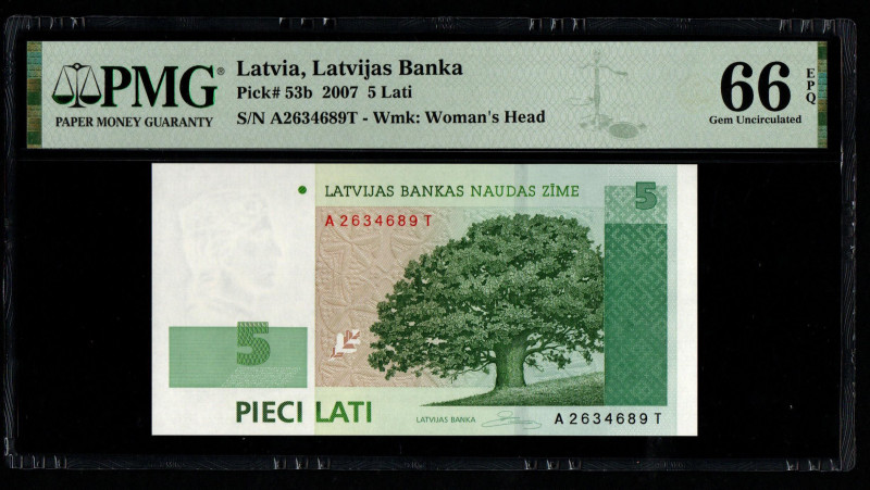 Latvia, Latvijas Banka Pick# 53b 2007 5 Lati
S/N A2634689T - Wmk: Woman's Head 6...