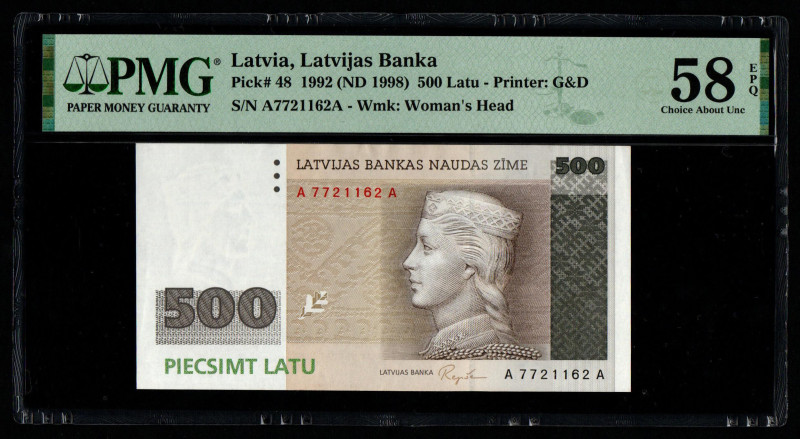 Latvia, Latvijas Banka Pick# 48 1992 (ND 1998) 500 Latu - Printer: G&D S/N A7721...