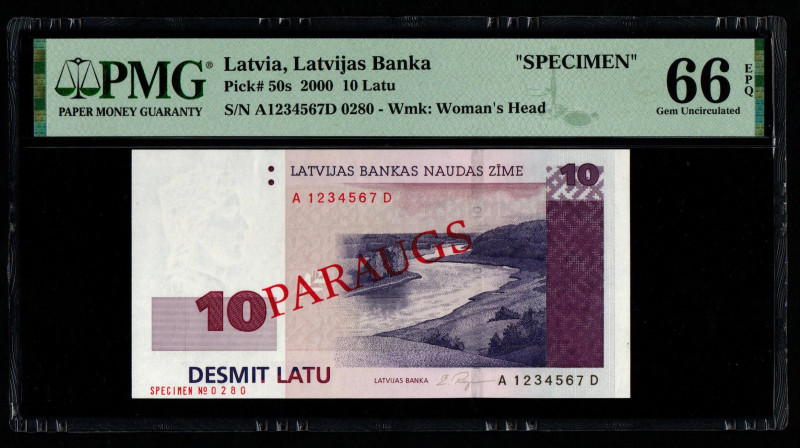 Latvia, Latvijas Banka Pick# 50s 2000 10 Latu "SPECIMEN" S/N A1234567D 0280 - Wm...