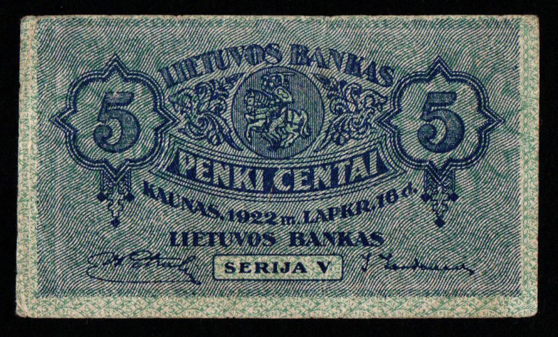 Lithuania, 5 Centai, 1922 year, Serija V