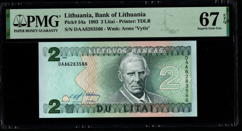 Lithuania, Bank of Lithuania
Pick# 54a 1993 2 Litai - Printer: TDLR
S/N DAA62835...