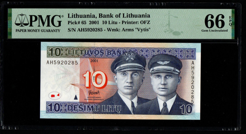 Lithuania, Bank of Lithuania Pick# 65 2001 10 Litu - Printer: OFZ S/N AH5920285 ...