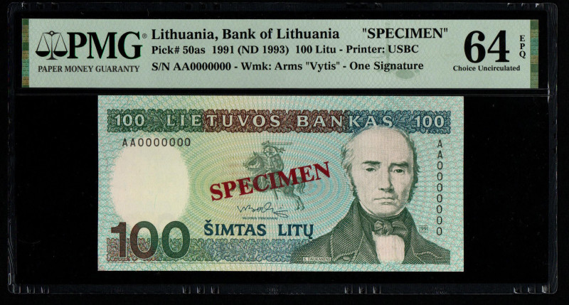 Lithuania, Bank of Lithuania "SPECIMEN"
Pick# 50as 1991 (ND 1993) 100 Litu - Pri...