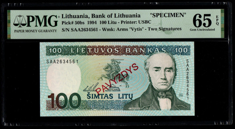 Lithuania, Bank of Lithuania "SPECIMEN" Pick# 50bs 1994 100 Litu - Printer: USBC...