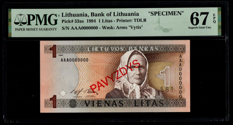 Lithuania, Bank of Lithuania "SPECIMEN" Pick# 53as 1994 1 Litas - Printer: TDLR ...