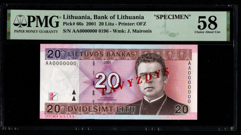 Lithuania, Bank of Lithuania Pick# 66s 2001 20 Litu - Printer: OFZ S/N AA0000000...