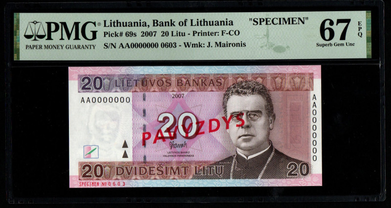 Lithuania, Bank of Lithuania S/N AA0000000 0603 - Wmk: J. Maironis "SPECIMEN" Pi...