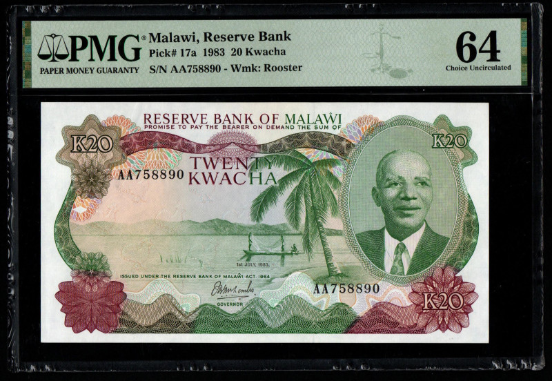 Malawi, Reserve Bank Pick# 17a 1983 20 Kwacha
S/N AA758890 - Wmk: Rooster 64 Cho...