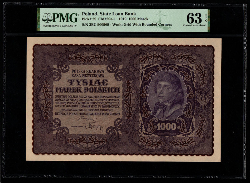 Poland, State Loan Bank Pick# 29 CM#29a-i 1919 1000 Marek S/N 2BC 900969 - Wmk: ...