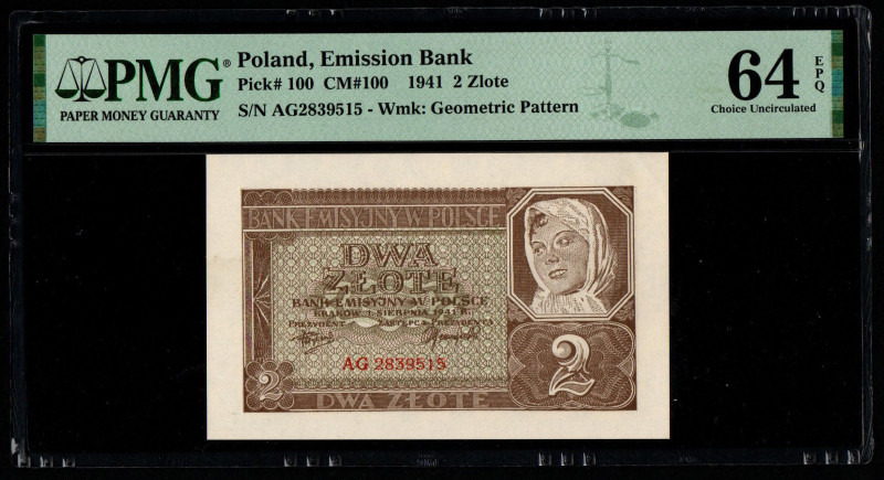 Poland, Emission Bank Pick# 100 CM#100 1941 2 Zlote S/N AG2839515 - Wmk: Geometr...