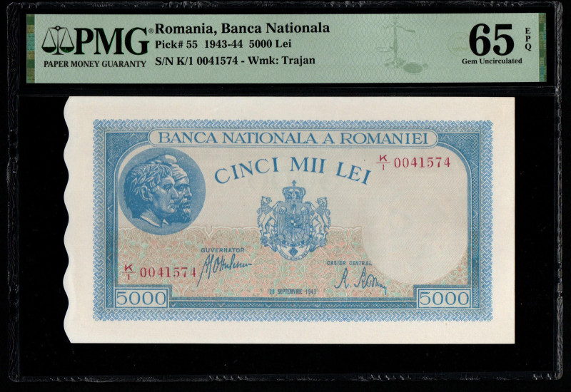 Romania, Banca Nationala Pick# 55 1943-44 5000 Lei S/N K/1 0041574 - Wmk: Trajan...