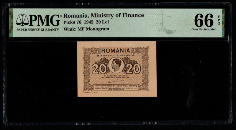 Romania, Ministry of Finance Pick# 76 1945 20 Lei Wmk: MF Monogram 66 Gem Uncirc...