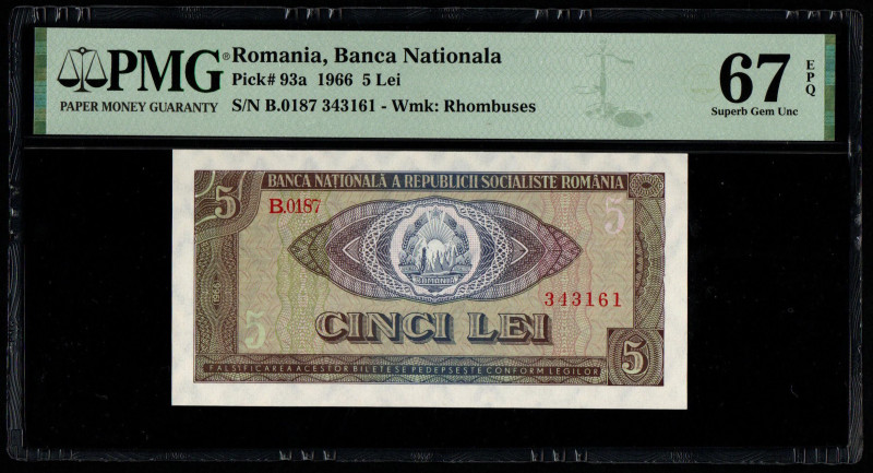 Romania, Banca Nationala Pick# 93a 1966 5 Lei S/N B.0187 343161 - Wmk: Rhombuses...