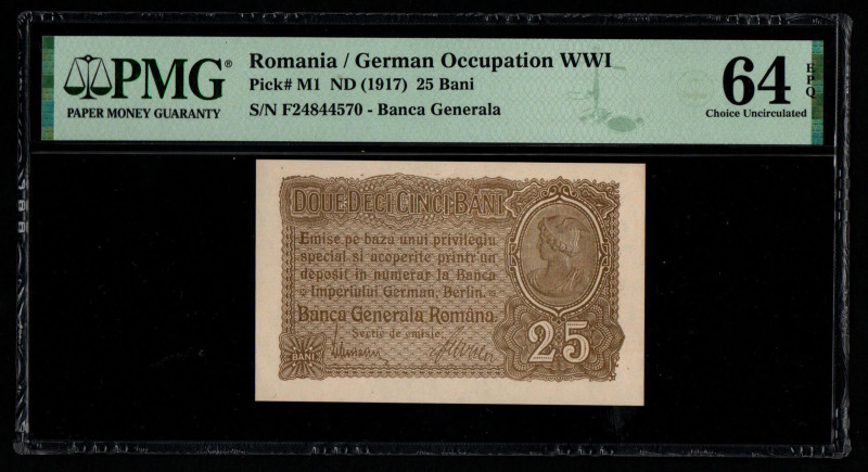 Romania / German Occupation WWI Pick# M1 ND (1917) 25 Bani S/N F24844570 - Banca...