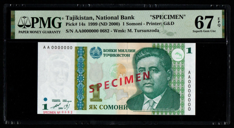 Tajikistan, National Bank "SPECIMEN"
Pick# 14s 1999 (ND 2000) 1 Somoni - Printer...