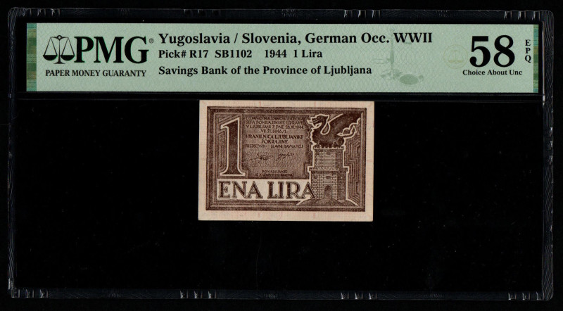 Yugoslavia / Slovenia, German Occ. WWII Pick# R17 SB1102 1944 1 Lira Savings Ban...