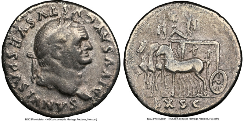 Divus Vespasian (AD 69-79). AR denarius (18mm, 5h). NGC Fine. Rome, AD 80-81. DI...