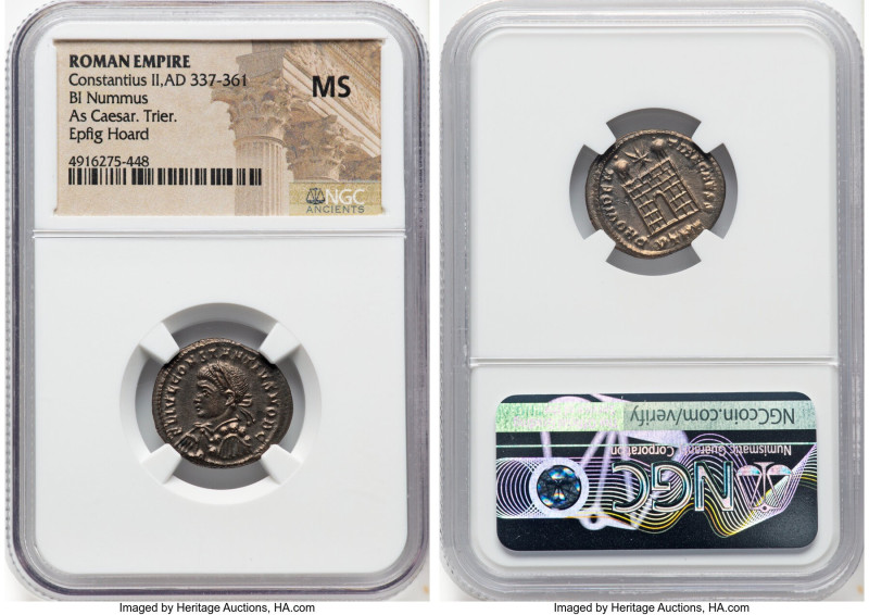 Constantius II, as Caesar (AD 337-361). AE3 or BI nummus (19mm, 5h). NGC MS. Tri...