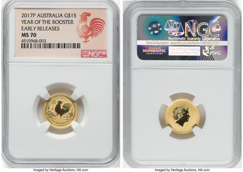 Elizabeth II gold "Year of the Rooster" 15 Dollars (1/10) 2017-P MS70 NGC, Perth...