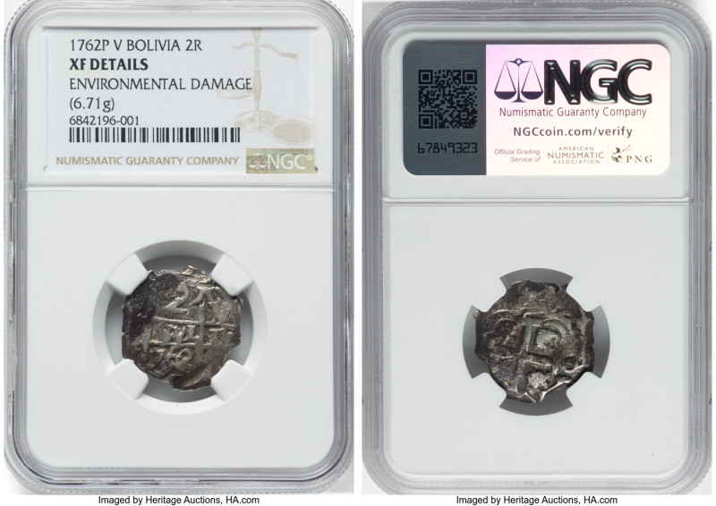 Charles III Cob 2 Reales 1762 P-V XF Details (Environmental Damage) NGC, Potosi ...