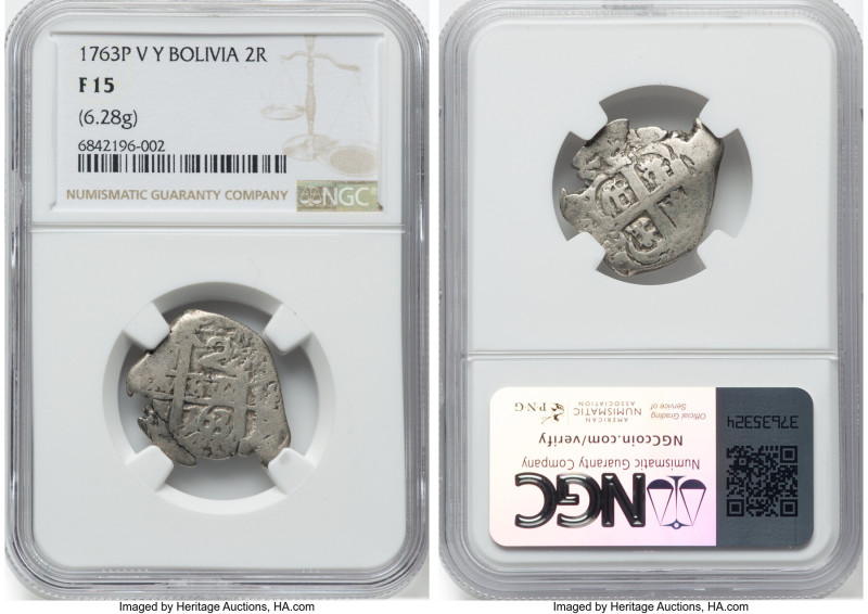 Charles III Cob 2 Reales 1763 P-V/Y F15 NGC, Potosi mint, KM43. 6.28gm. HID09801...