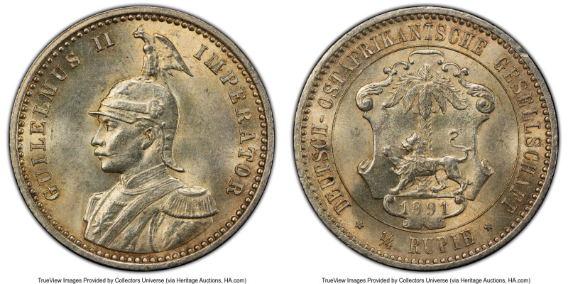 German Colony. Wilhelm II 1/4 Rupie 1891 MS62 PCGS, Berlin mint, KM3, J-711. Fir...